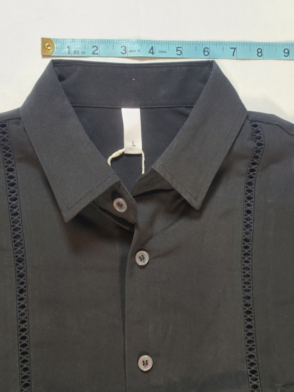 Letsee Black Short Sleeve Cuban  Guayabera Button-Up Shirt - Men's Casual Large - Picture 6 of 11